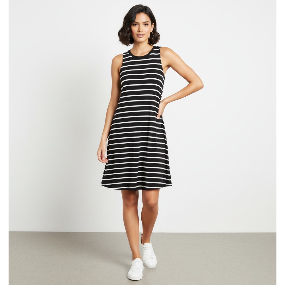 Time Tru Black White Striped Knit Swing Tank Dress Casual Comfy Minimalist Sz S